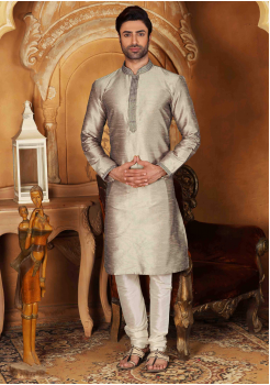 White with Silver Color Silk Kurta Set